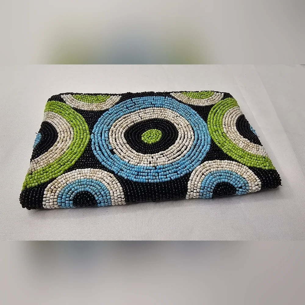 Vintage Beaded Zip Clutch Retro Purse Green & Brown MCM Circle Motif Pouch - Picture 3 of 8